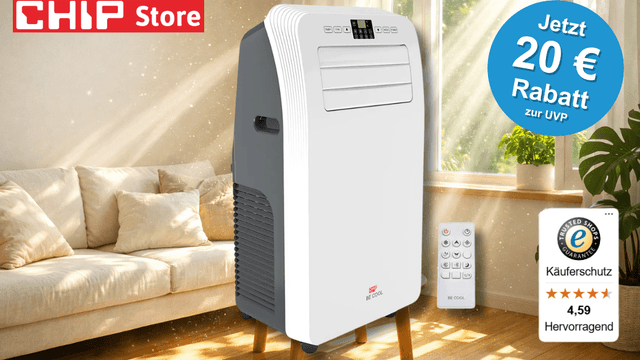 Die CHIP x BE COOL Klimaanlage in einem Wohnzimmer abgebildet.