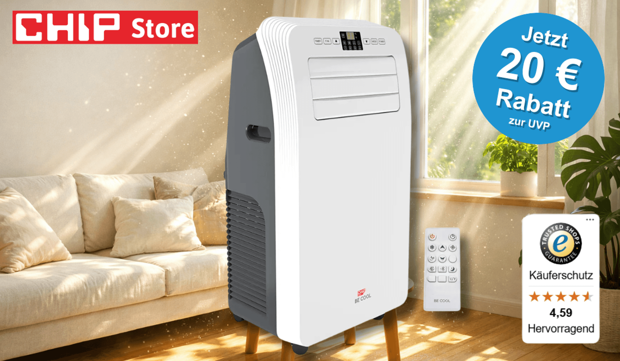 Die CHIP x BE COOL Klimaanlage in einem Wohnzimmer abgebildet.