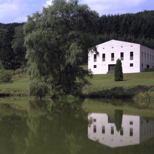 Ein Haus spiegelt sich in einem Teich.