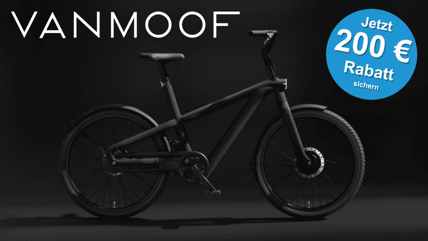 Das VanMoof A5 E-Bike vor einem schwarzen Hintergrund abgebildet.