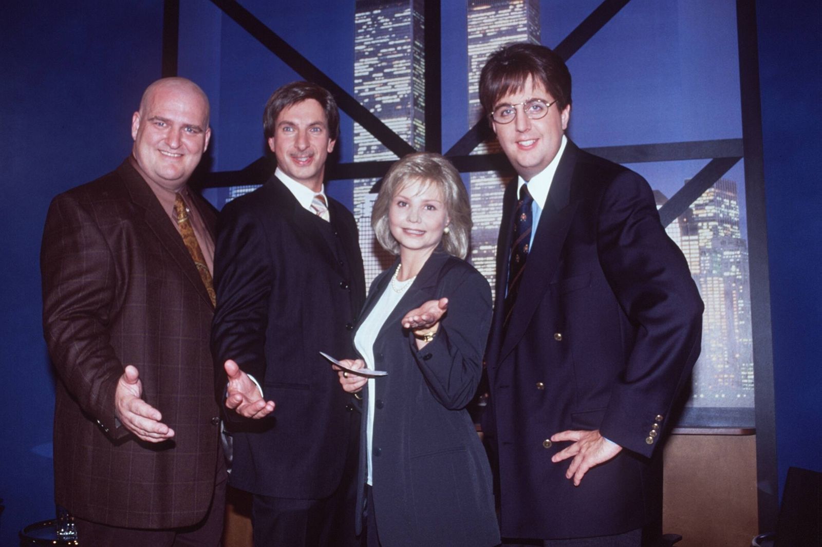 Von 2000 bis 2002 war Annette Frier festes Mitglied der Comedy-Sendung „Die Wochenshow“. Das Bild zeigt sie an der Seite von Ingolf Lück (2. v. links), Bastian Pastewka (rechts) und Markus Maria Profitlich. (Bild: IMAGO / teutopress)