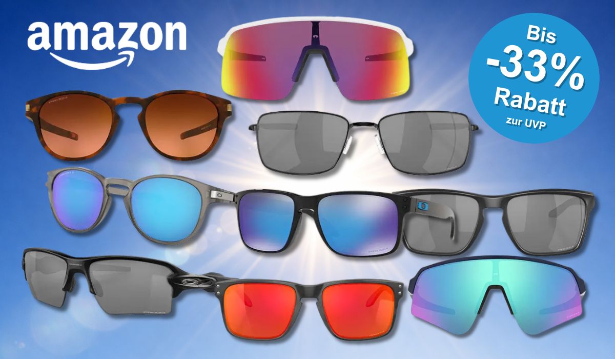 Eine Darstellung von verschiedenen Oakley Sonnenbrillen vor einem blauen Sonnen-Hintergrund.