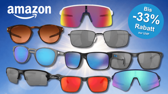 Eine Darstellung von verschiedenen Oakley Sonnenbrillen vor einem blauen Sonnen-Hintergrund.