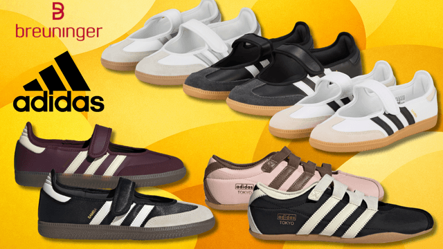 Die adidas Mary Janes in verschiedenen Ausführungen vor einem gelben Hintergrund.