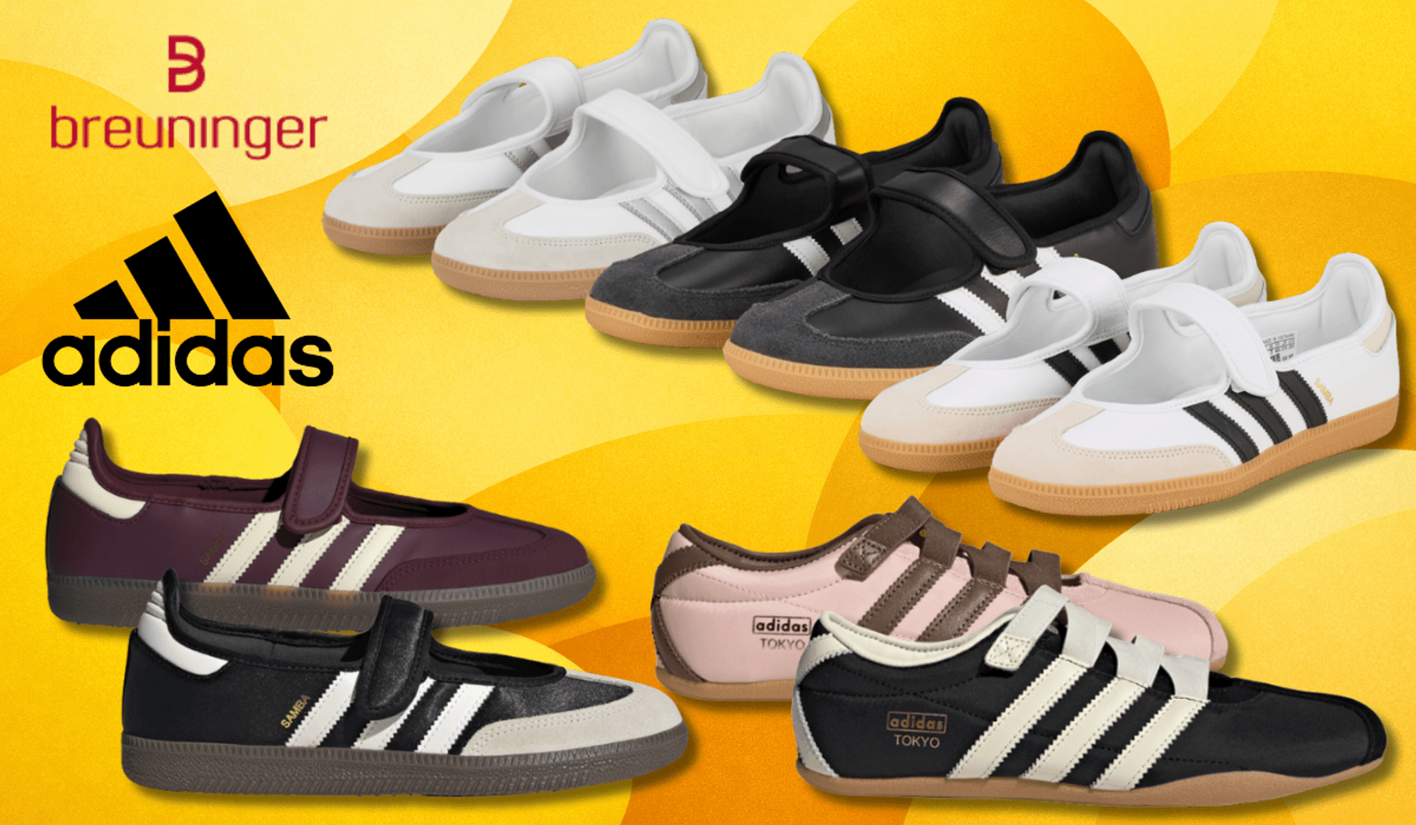 Die adidas Mary Janes in verschiedenen Ausführungen vor einem gelben Hintergrund.