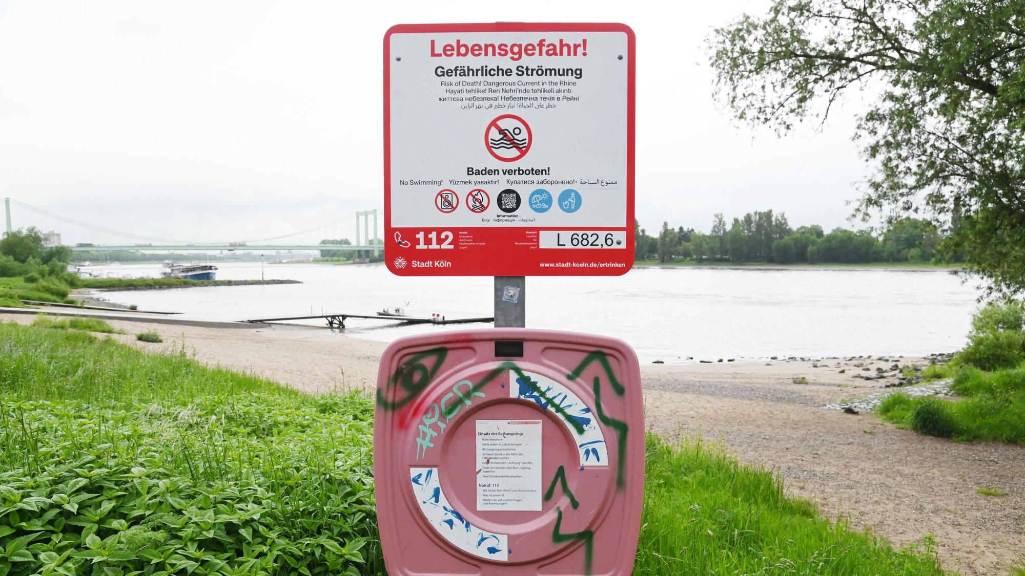 Am Rheinufer stehen neue Schilder, die auf das Badeverbot im Rhein hinweisen.