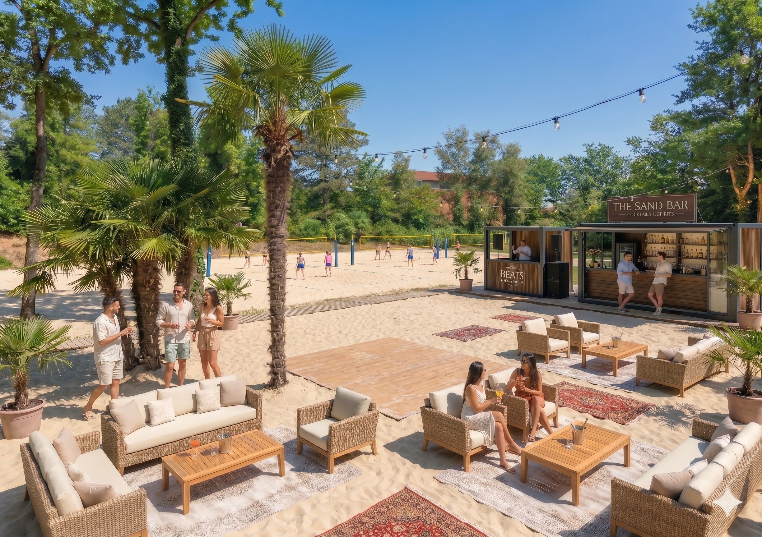 Die KI zeigt, wie die Beachvolleyballfelder und der Beachlub auf einem Teil des Max-Becker-Areals, der die neue Location The Max wird, aussehen kann. Dies soll nur eine grobe Vorstellung vermitteln. Es wird nicht 1:1 so umgesetzt.