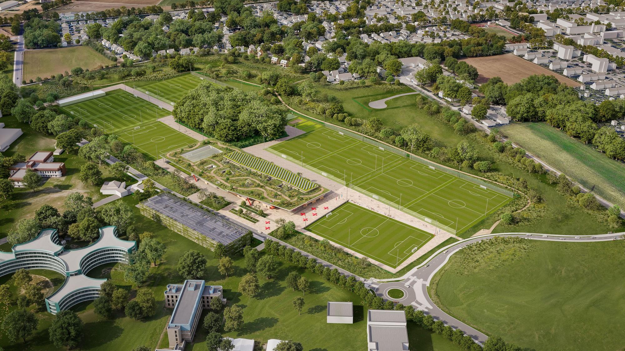 Bayer-04-Campus in Monheim, Version aus Mai 2026. Foto: rendertaxi GmbH, Alexander Pfeiffer und Felix Volland