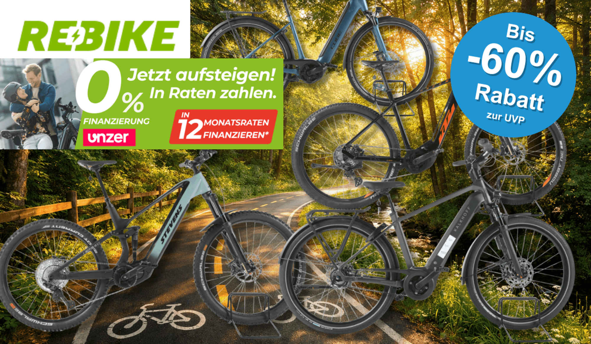 Eine Darstellung von verschiedenen E-Bikes vor einem Fahrradweg.