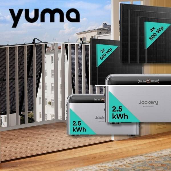 Produktbild von Yuma mit mehreren Jackery SolarVault 3 Pro Stromspeichern (je 2,5 kWh) und schwarzen Solarmodulen in zwei Varianten (2x 500 Wp und 4x 500 Wp) in einer modernen Wohnsituation mit Balkon und Hauswirtschaftsraum mit Waschmaschine. Ein Gitter-Balkon mit Solarmodulen von einem Balkonkraftwerk. Links oben das schwarze Yuma-Logo. Rechts oben blauer Button mit der Aufschrift „Bis -35 % Rabatt zur UVP".
