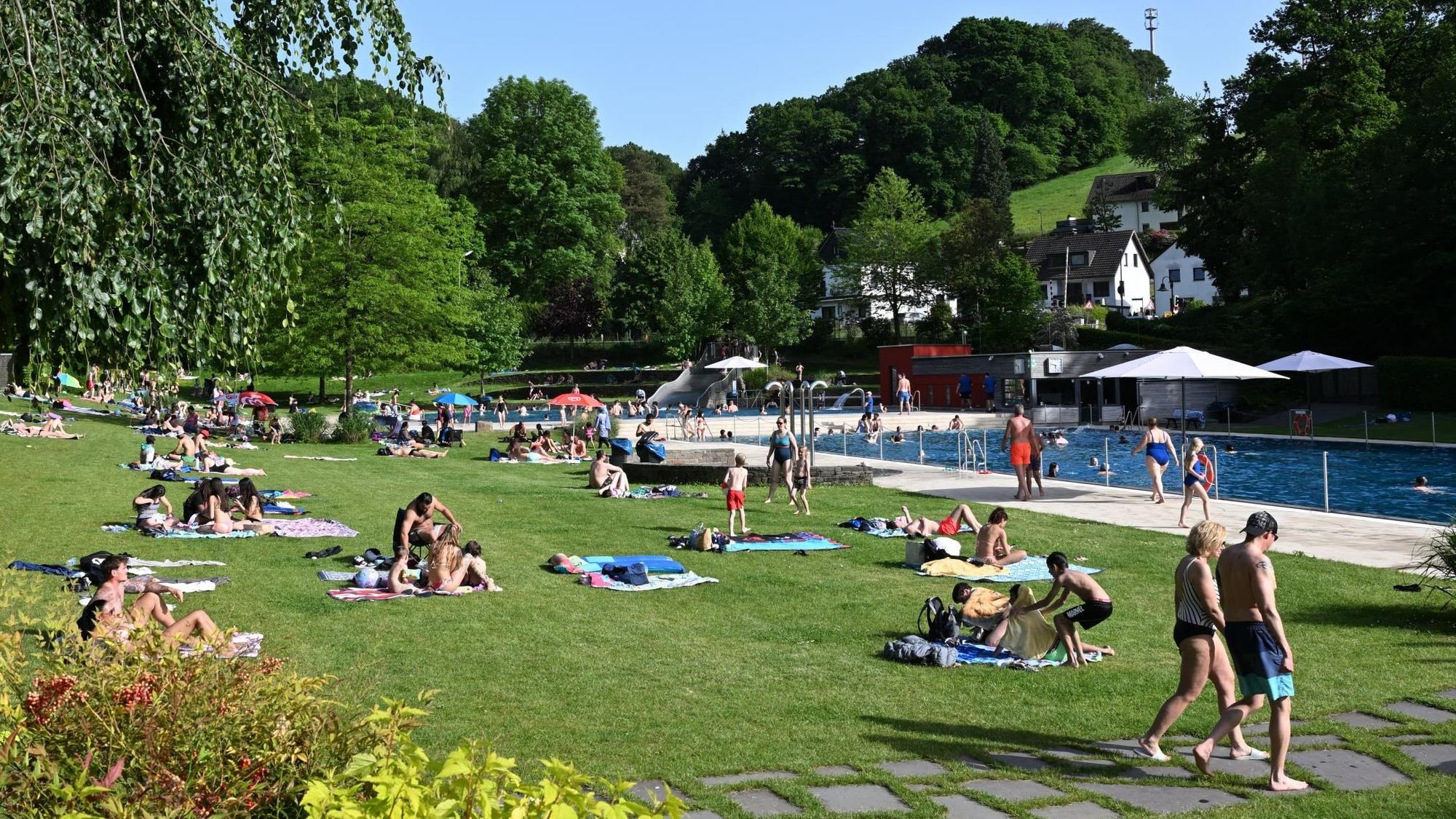 Menschen liegen auf der Wiese in der Sonne vor einem Schwimmbecken.