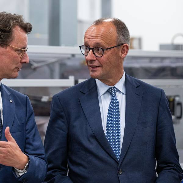 Hendrik Wüst (CDU), Ministerpräsident von Nordrhein-Westfalen und Bundeskanzler Friedrich Merz bei dessen Antrittsbesuch in NRW.