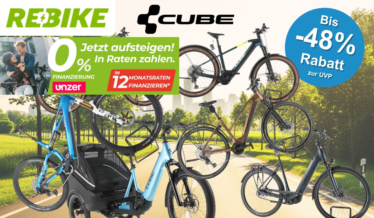 Auf dem Bild befindet sich eine Collage aus E-Bike Fahrrädern der Marke Cube.