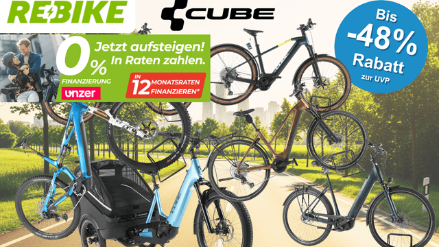 Auf dem Bild befindet sich eine Collage aus E-Bike Fahrrädern der Marke Cube.