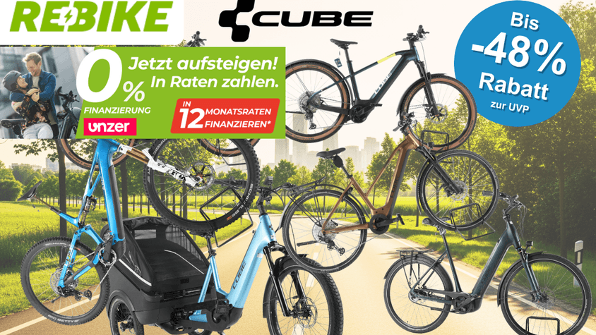 Auf dem Bild befindet sich eine Collage aus E-Bike Fahrrädern der Marke Cube.