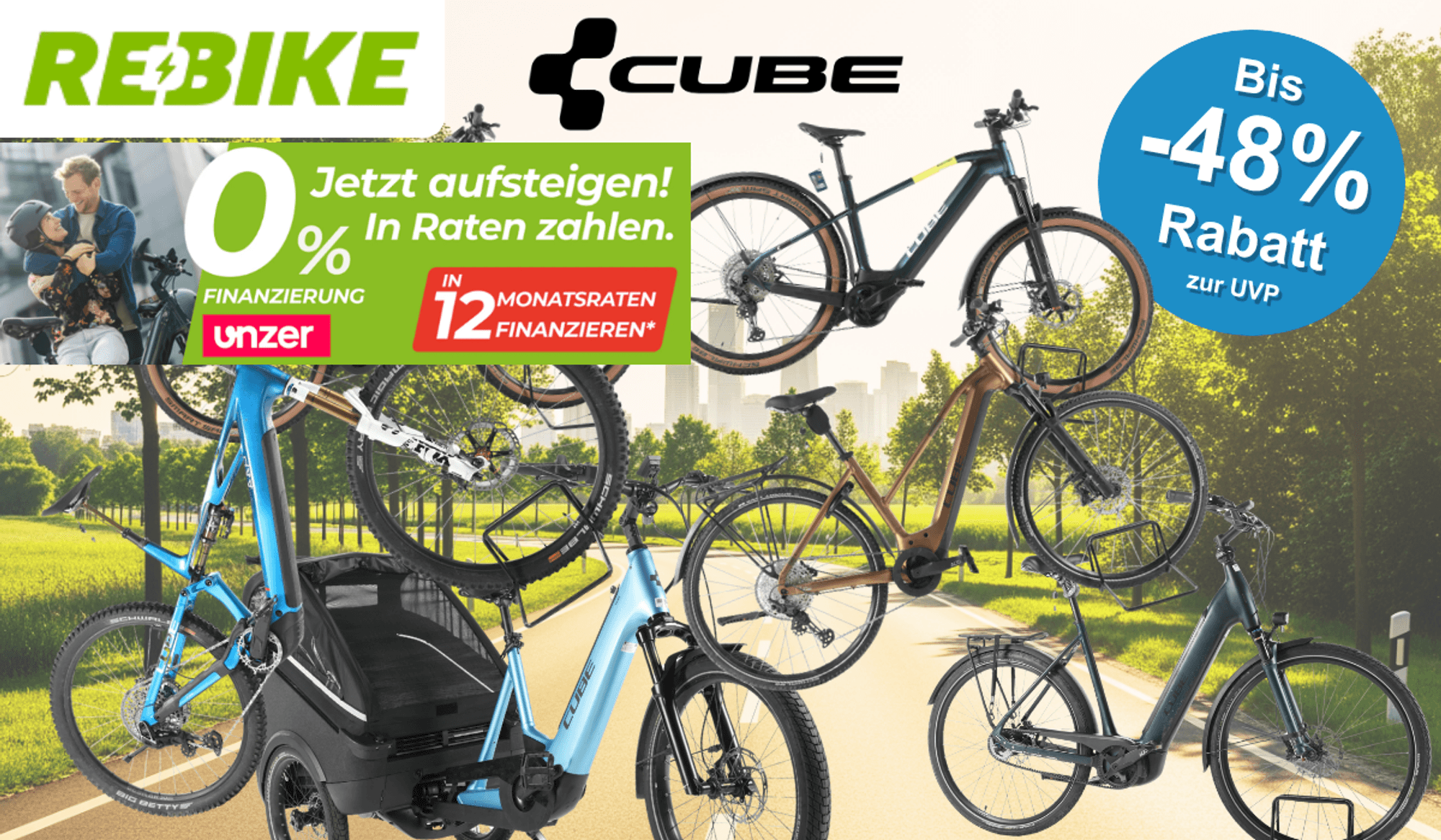 Auf dem Bild befindet sich eine Collage aus E-Bike Fahrrädern der Marke Cube.