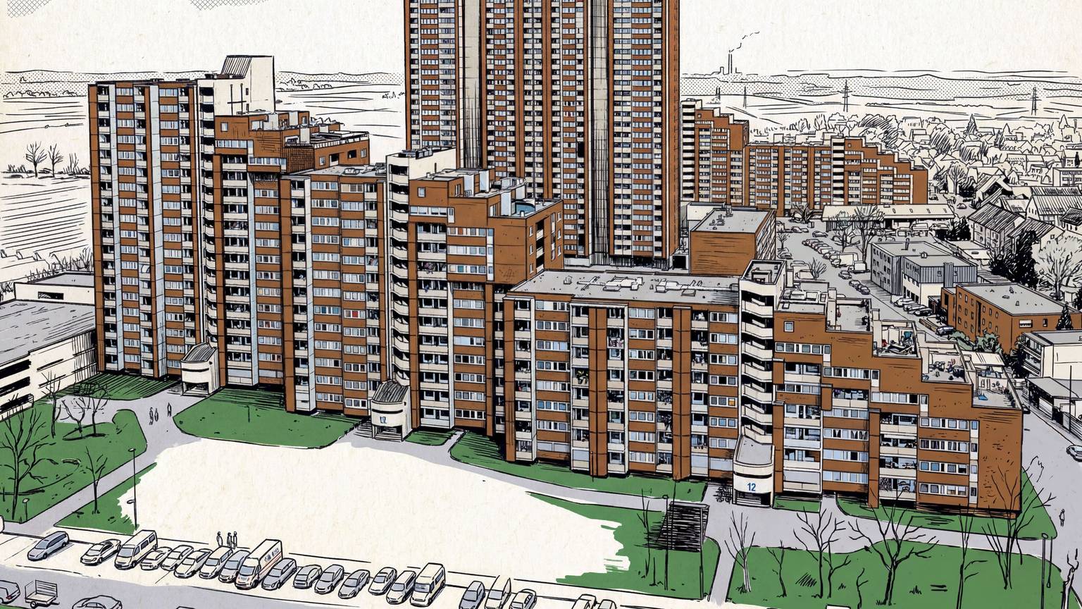 Grafik des Hochhaus-Komplexes am Kölnberg in Meschenich. Die Trabantensiedlung gilt als sozialer Brennpunkt.