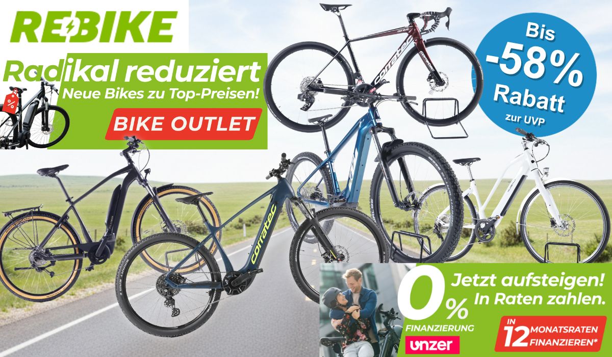 Bildcollage zum Rebike Bike Outlets mit mehreren fabrikneuen E-Bikes und Fahrrädern der Marke Corratec, darunter ein E-Mountainbike, ein Trekking-E-Bike und ein Gravelbike, mit dem Hinweis auf bis zu 58 Prozent Rabatt zur UVP und 0-Prozent-Finanzierung beim Kauf.