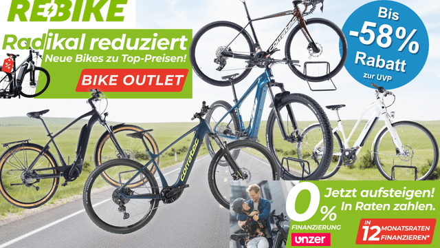 Bildcollage zum Rebike Bike Outlets mit mehreren fabrikneuen E-Bikes und Fahrrädern der Marke Corratec, darunter ein E-Mountainbike, ein Trekking-E-Bike und ein Gravelbike, mit dem Hinweis auf bis zu 58 Prozent Rabatt zur UVP und 0-Prozent-Finanzierung beim Kauf.
