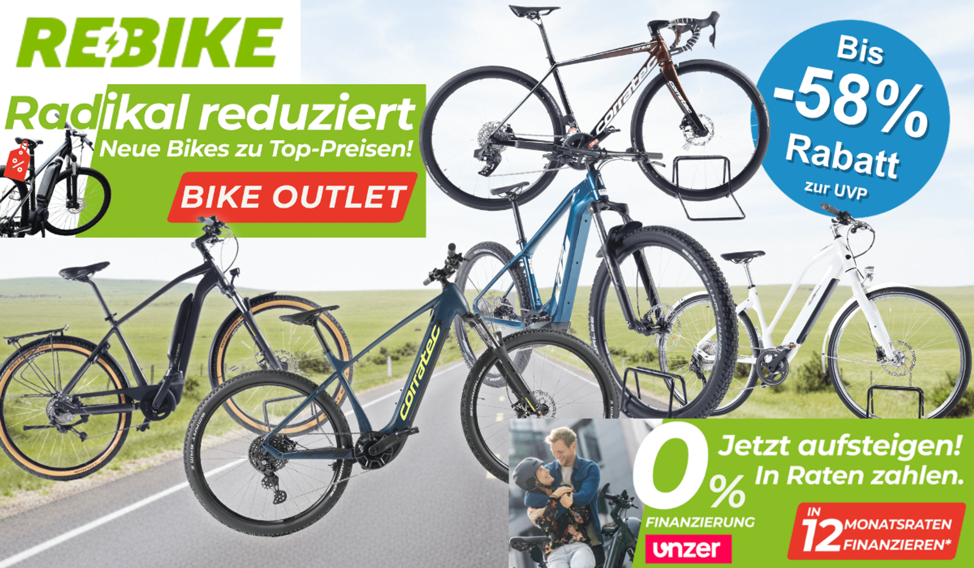 Bildcollage zum Rebike Bike Outlets mit mehreren fabrikneuen E-Bikes und Fahrrädern der Marke Corratec, darunter ein E-Mountainbike, ein Trekking-E-Bike und ein Gravelbike, mit dem Hinweis auf bis zu 58 Prozent Rabatt zur UVP und 0-Prozent-Finanzierung beim Kauf.