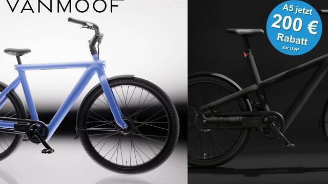 VanMoof S6 E-Bike in Electric Blue und VanMoof A5 E-Bike in Drift Black in der Seitenansicht im direkten Modellvergleich – rechts oben ein blauer Button mit dem Hinweis: A5 jetzt 200 Euro Rabatt zur UVP.