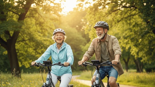 Seniorenpaar fährt fröhlich lachend auf E-Bikes durch einen grünen Park.