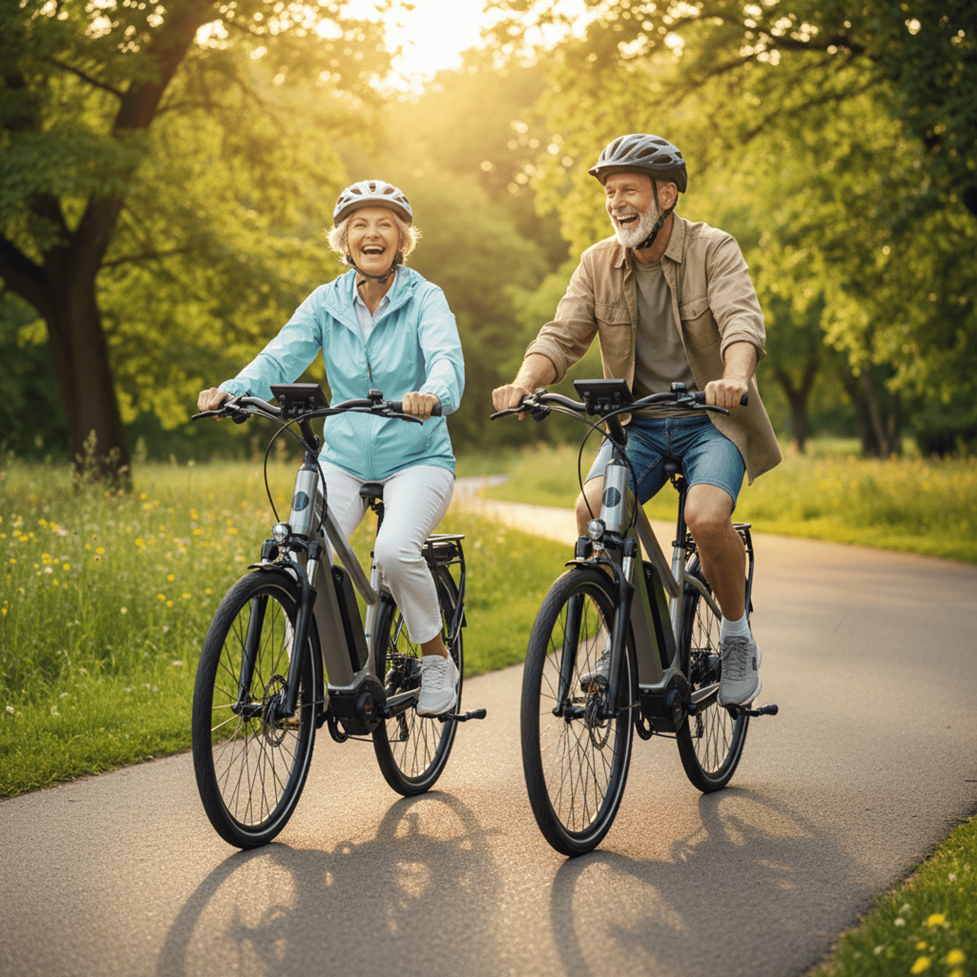 Seniorenpaar fährt fröhlich lachend auf E-Bikes durch einen grünen Park.