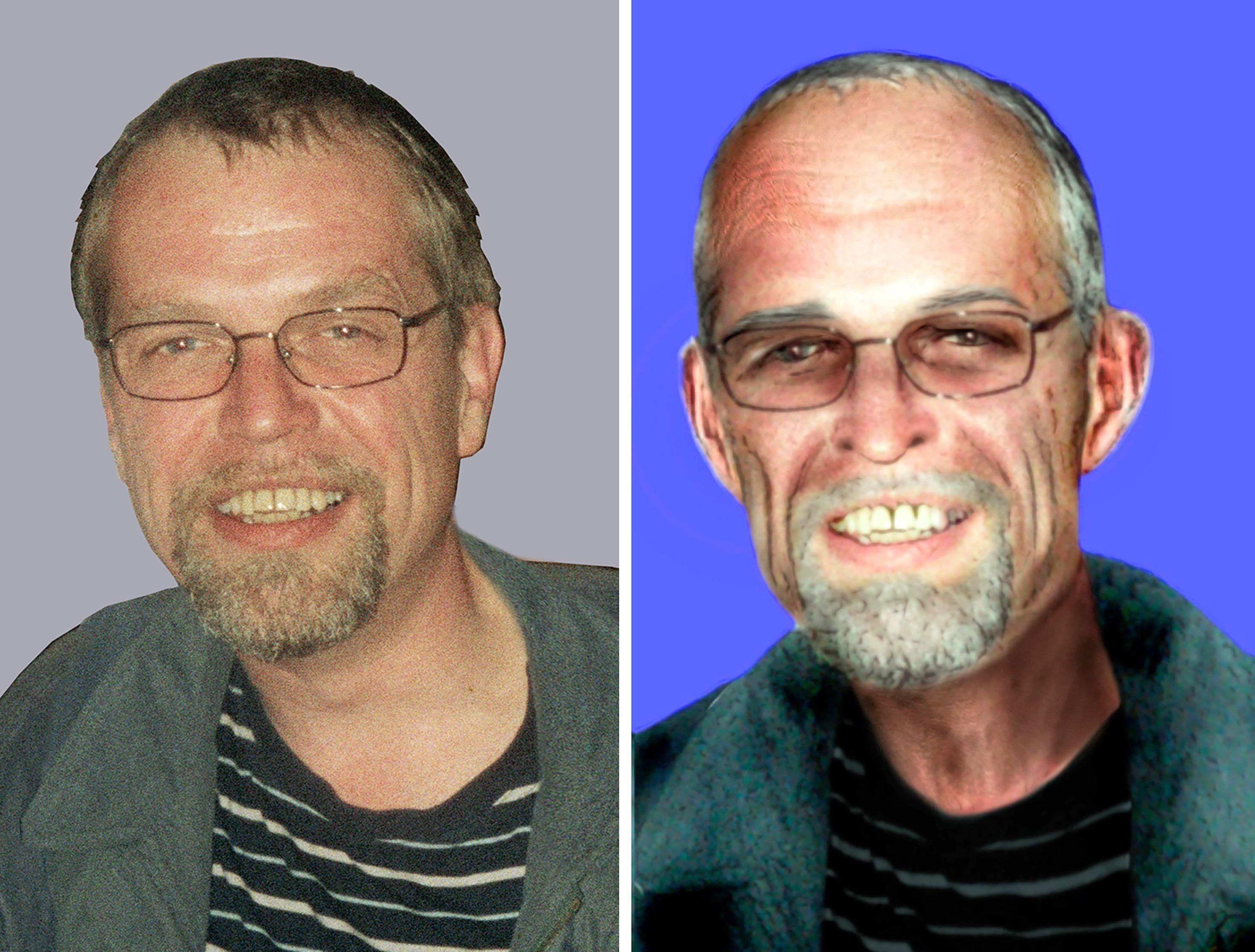 Die Bildkombo zeigt Fahndungsfotos, das den früheren RAF-Terroristen Ernst-Volker Staub im Jahr 2002 zeigen dürfte (l.) und ein vom LKA angefertigtes Aging-Foto, wie Staub heute aussehen könnte (r.)
