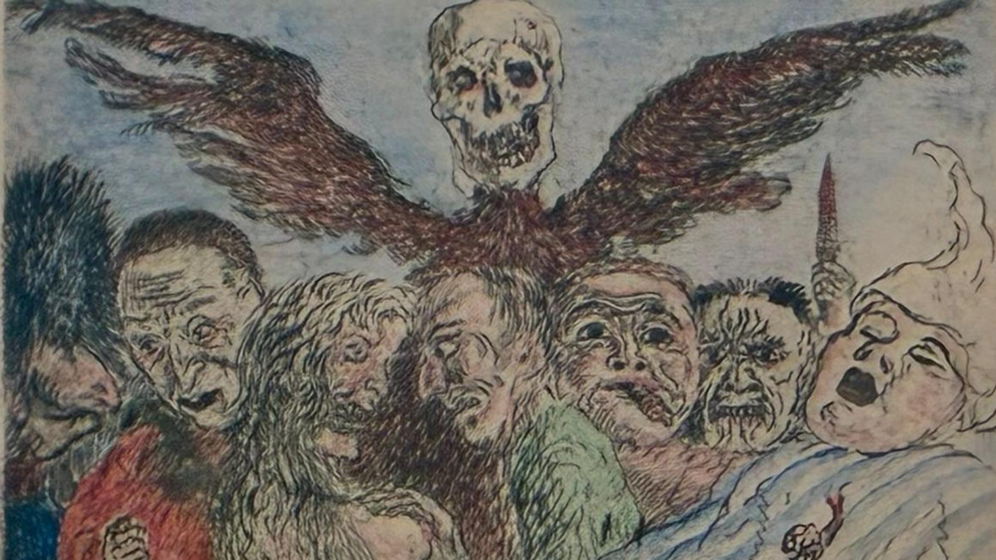 Ein Bild von Ensor zeigt die sieben Todsünden, die sich unter den Flügeln des Todes in der Darstellung eines Totenkopfes versammeln.