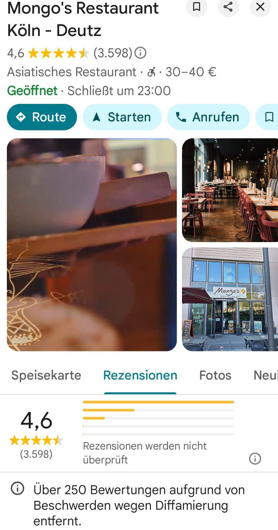 Das Mongo's in Deutz lässt Google-Rezensionen löschen.
