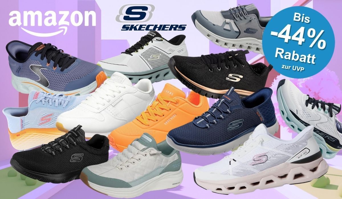 Skechers Sneaker in verschiedenen Farben (Schwarz, Weiß, Orange, Blau, Hellblau, Grau, Grün) vor einem bunten Hintergrund einer Stadtsilhouette. Links oben das Amazon-Logo, daneben das Skechers-Logo.