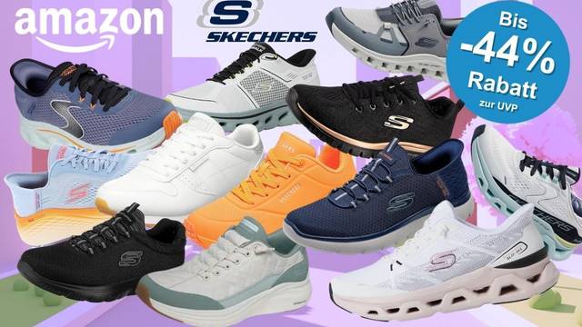 Skechers Sneaker in verschiedenen Farben (Schwarz, Weiß, Orange, Blau, Hellblau, Grau, Grün) vor einem bunten Hintergrund einer Stadtsilhouette. Links oben das Amazon-Logo, daneben das Skechers-Logo.