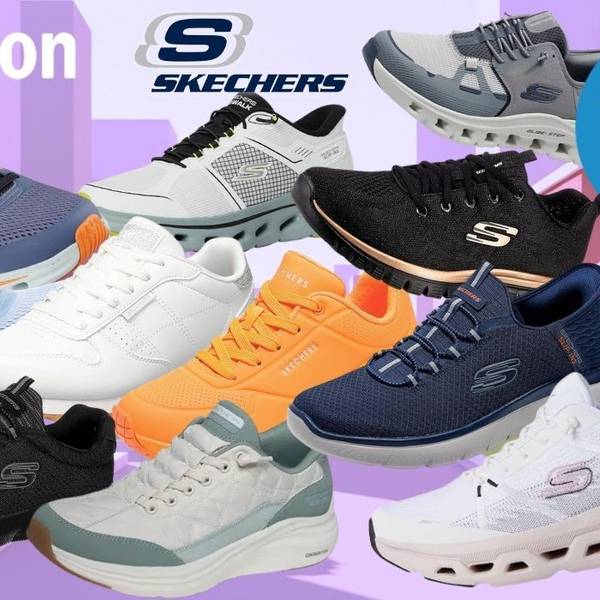 Skechers Sneaker in verschiedenen Farben (Schwarz, Weiß, Orange, Blau, Hellblau, Grau, Grün) vor einem bunten Hintergrund einer Stadtsilhouette. Links oben das Amazon-Logo, daneben das Skechers-Logo.
