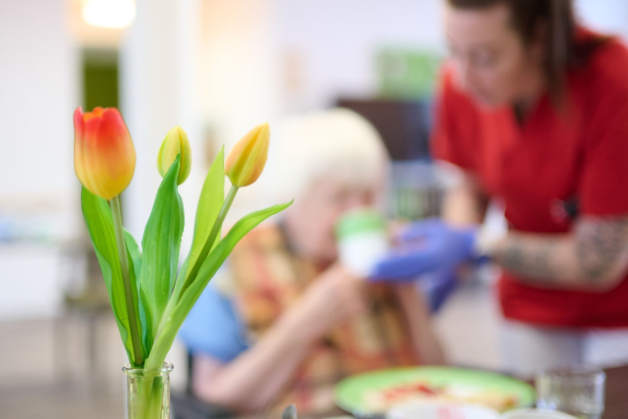 Eine Pflegekraft unterstützt eine Seniorin