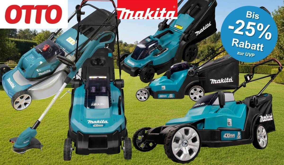 Makita Akku-Rasenmäher und Akku-Rasentrimmers in Türkis-Schwarz vor großem, sauber gemähtem Rasen im Hintergrund, mit OTTO-Logo, Makita-Logo.