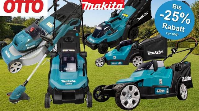 Makita Akku-Rasenmäher und Akku-Rasentrimmers in Türkis-Schwarz vor großem, sauber gemähtem Rasen im Hintergrund, mit OTTO-Logo, Makita-Logo.
