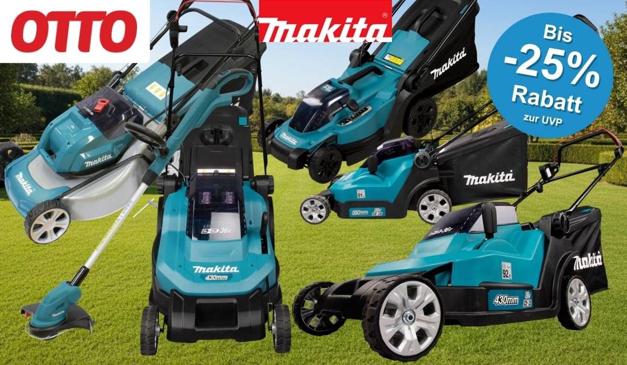Makita Akku-Rasenmäher und Akku-Rasentrimmers in Türkis-Schwarz vor großem, sauber gemähtem Rasen im Hintergrund, mit OTTO-Logo, Makita-Logo.