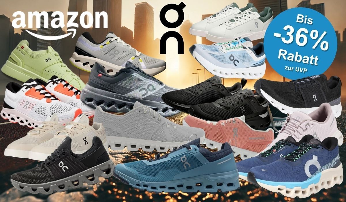 On Running Sneaker und Laufschuhe in mehreren Farben (Schwarz, Weiß, Grau, Grün, Rosa, Blau, Beige) vor einem Hintergrund einer innerstädtischen Straße mit Sonnenaufgang. Links oben das Amazon-Logo, in der Mitte oben das On-Running-Logo.