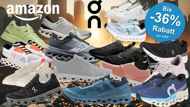 On Running Sneaker und Laufschuhe in mehreren Farben (Schwarz, Weiß, Grau, Grün, Rosa, Blau, Beige) vor einem Hintergrund einer innerstädtischen Straße mit Sonnenaufgang. Links oben das Amazon-Logo, in der Mitte oben das On-Running-Logo.