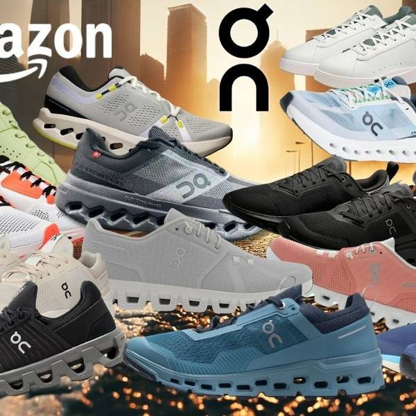 On Running Sneaker und Laufschuhe in mehreren Farben (Schwarz, Weiß, Grau, Grün, Rosa, Blau, Beige) vor einem Hintergrund einer innerstädtischen Straße mit Sonnenaufgang. Links oben das Amazon-Logo, in der Mitte oben das On-Running-Logo.