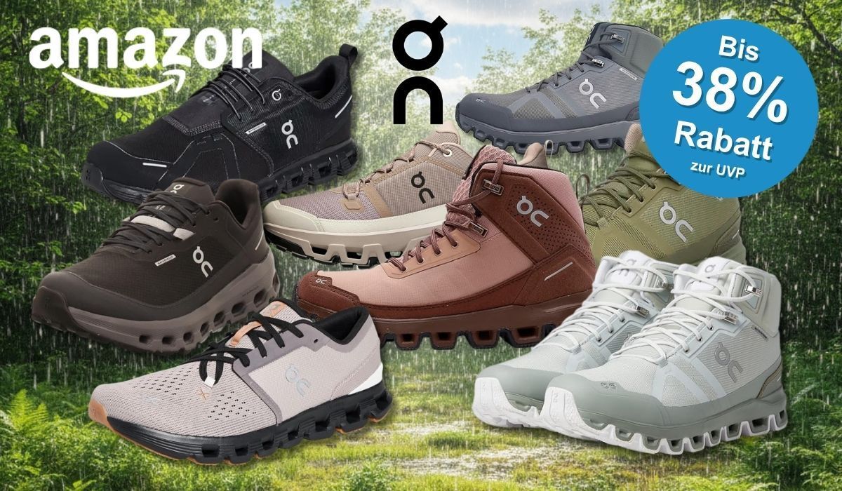 Collage von sieben wasserdichten On Running Sneakern und Trekkingstiefeln in verschiedenen Farben (Schwarz, Dunkelbraun, Beige, Rosa-Braun, Grau, Olivgrün, Weiß-Grau) vor einem regenassen Waldhintergrund mit sichtbaren Regentropfen und grünem Blätterdach. Links oben das Amazon-Logo, in der Mitte das On-Running-Logo.