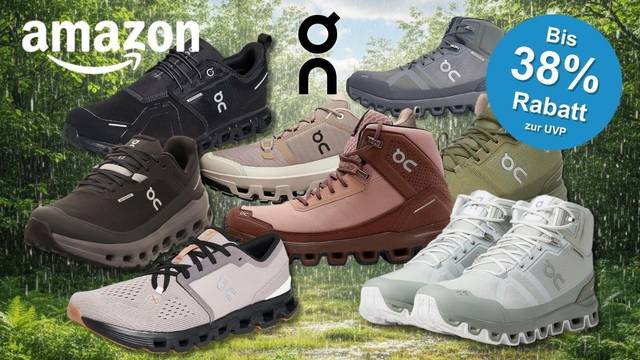 Collage von sieben wasserdichten On Running Sneakern und Trekkingstiefeln in verschiedenen Farben (Schwarz, Dunkelbraun, Beige, Rosa-Braun, Grau, Olivgrün, Weiß-Grau) vor einem regenassen Waldhintergrund mit sichtbaren Regentropfen und grünem Blätterdach. Links oben das Amazon-Logo, in der Mitte das On-Running-Logo.
