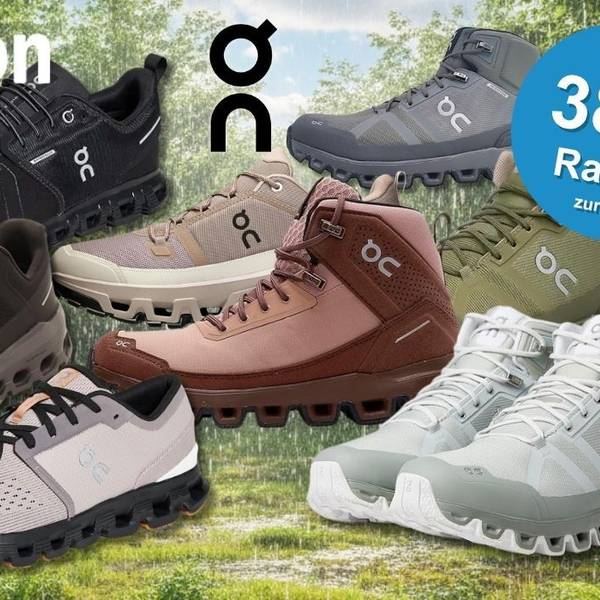 Collage von sieben wasserdichten On Running Sneakern und Trekkingstiefeln in verschiedenen Farben (Schwarz, Dunkelbraun, Beige, Rosa-Braun, Grau, Olivgrün, Weiß-Grau) vor einem regenassen Waldhintergrund mit sichtbaren Regentropfen und grünem Blätterdach. Links oben das Amazon-Logo, in der Mitte das On-Running-Logo.