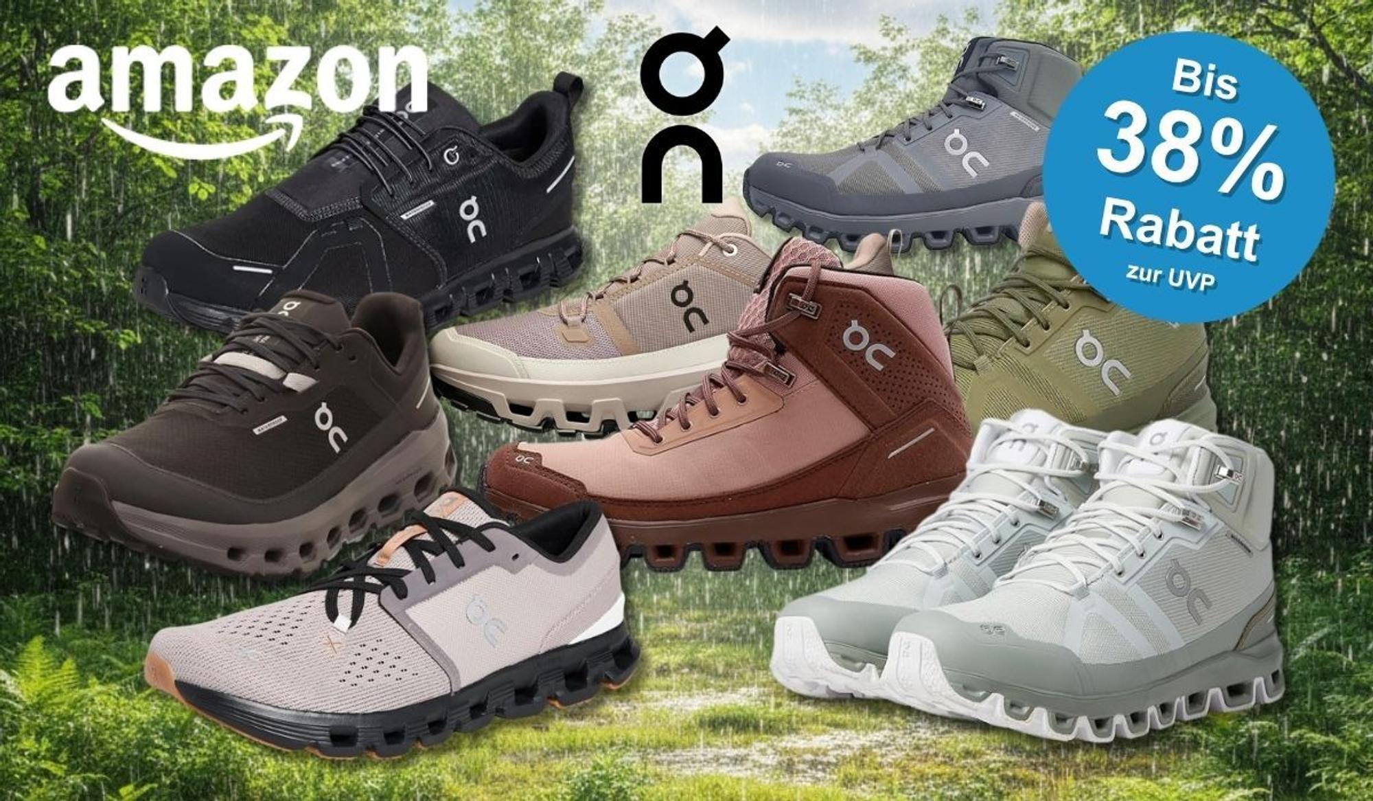 Collage von sieben wasserdichten On Running Sneakern und Trekkingstiefeln in verschiedenen Farben (Schwarz, Dunkelbraun, Beige, Rosa-Braun, Grau, Olivgrün, Weiß-Grau) vor einem regenassen Waldhintergrund mit sichtbaren Regentropfen und grünem Blätterdach. Links oben das Amazon-Logo, in der Mitte das On-Running-Logo.