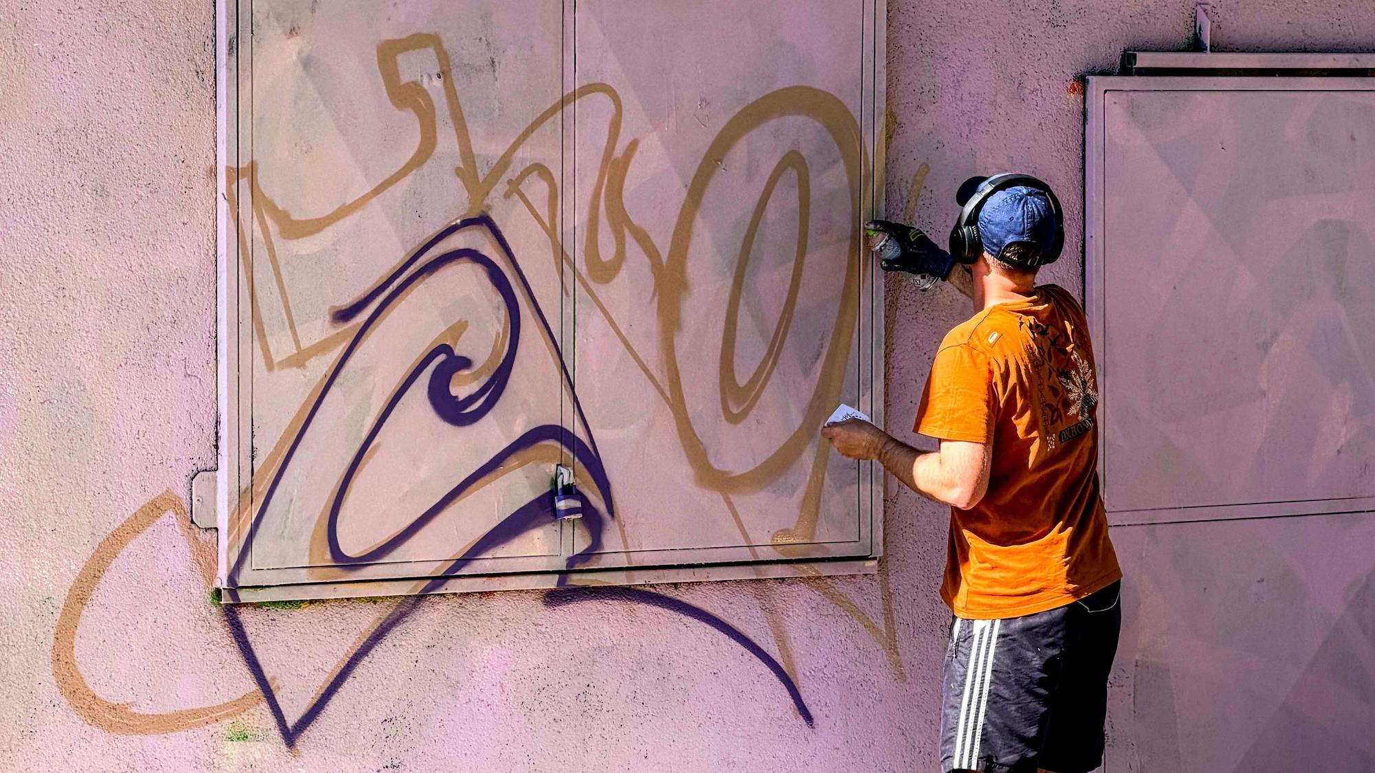 Das Bild zeigt einen Mann, der in der Erftaue eine Wand besprüht.