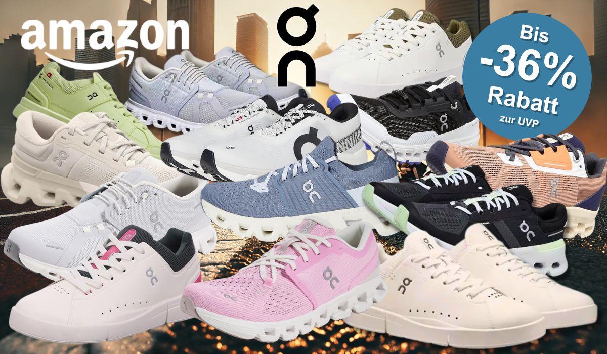 On Running Sneaker und Laufschuhe in mehreren Farben (Schwarz, Weiß, Grau, Grün, Rosa, Blau, Beige) vor einem Hintergrund einer innerstädtischen Straße mit Sonnenaufgang. Links oben das Amazon-Logo, in der Mitte oben das On-Running-Logo.
