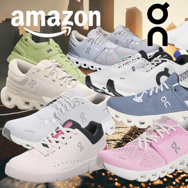 On Running Sneaker und Laufschuhe in mehreren Farben (Schwarz, Weiß, Grau, Grün, Rosa, Blau, Beige) vor einem Hintergrund einer innerstädtischen Straße mit Sonnenaufgang. Links oben das Amazon-Logo, in der Mitte oben das On-Running-Logo.
