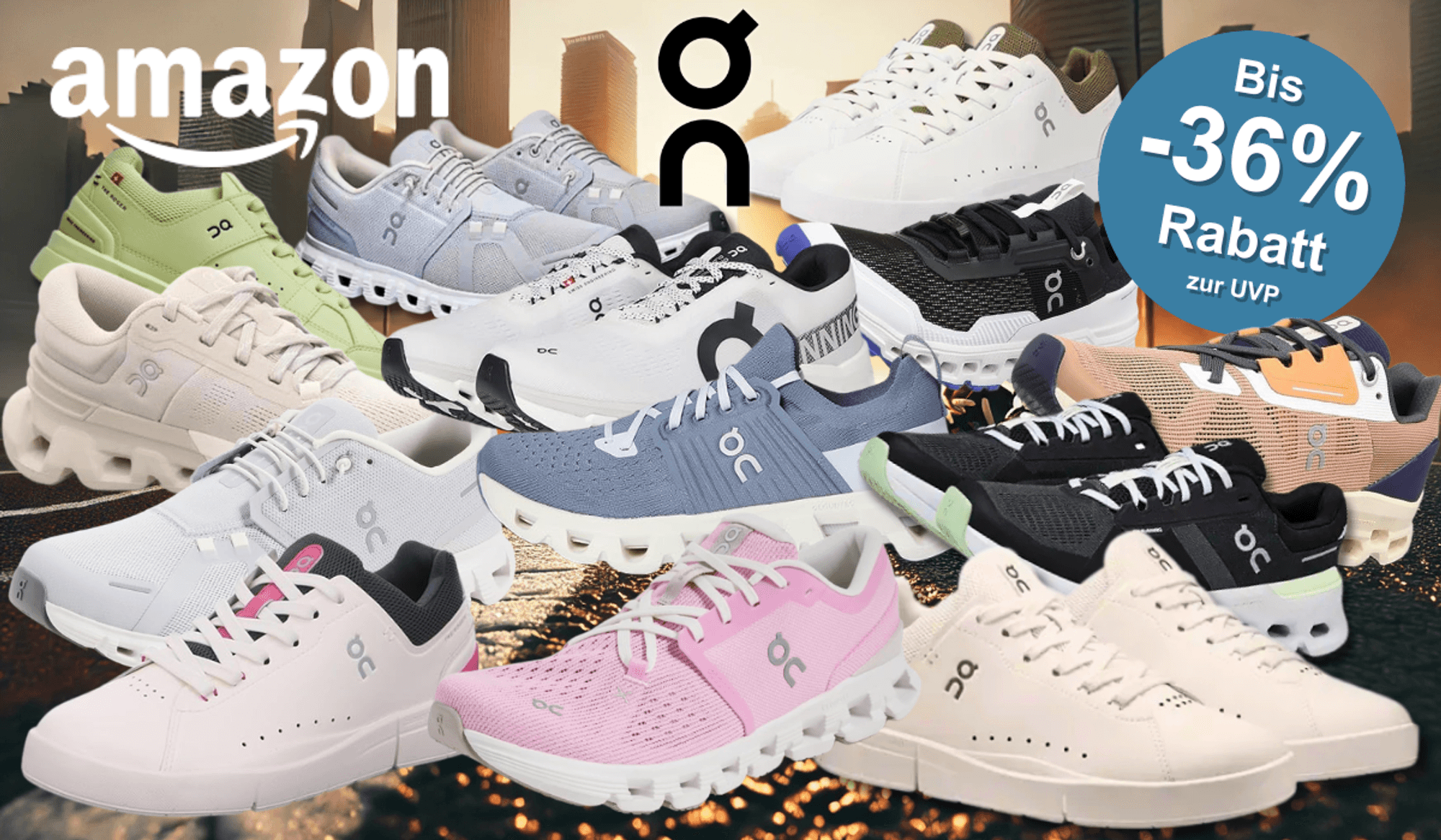 On Running Sneaker und Laufschuhe in mehreren Farben (Schwarz, Weiß, Grau, Grün, Rosa, Blau, Beige) vor einem Hintergrund einer innerstädtischen Straße mit Sonnenaufgang. Links oben das Amazon-Logo, in der Mitte oben das On-Running-Logo.