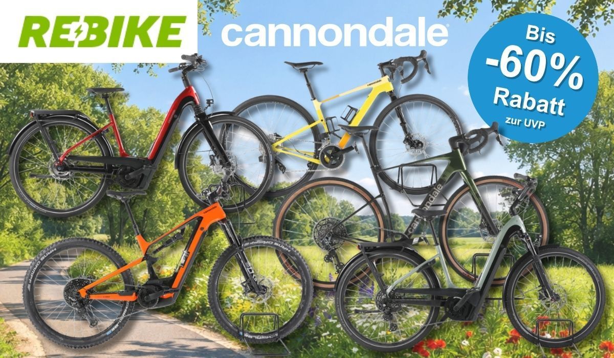 Fünf Cannondale E-Bikes und Fahrräder in verschiedenen Farben (Rot-Schwarz, Gelb-Weiß, Orange-Schwarz, Dunkelgrün, Hellgrün-Grau) vor einem sonnigen Sommerpanorama mit grüner Wiese, Blumen, Bäumen und blauem Himmel. Links oben das grüne Rebike-Logo und das schwarze Cannondale-Logo. Rechts oben blauer Button mit der Aufschrift „Bis -60 % Rabatt zur UVP".
