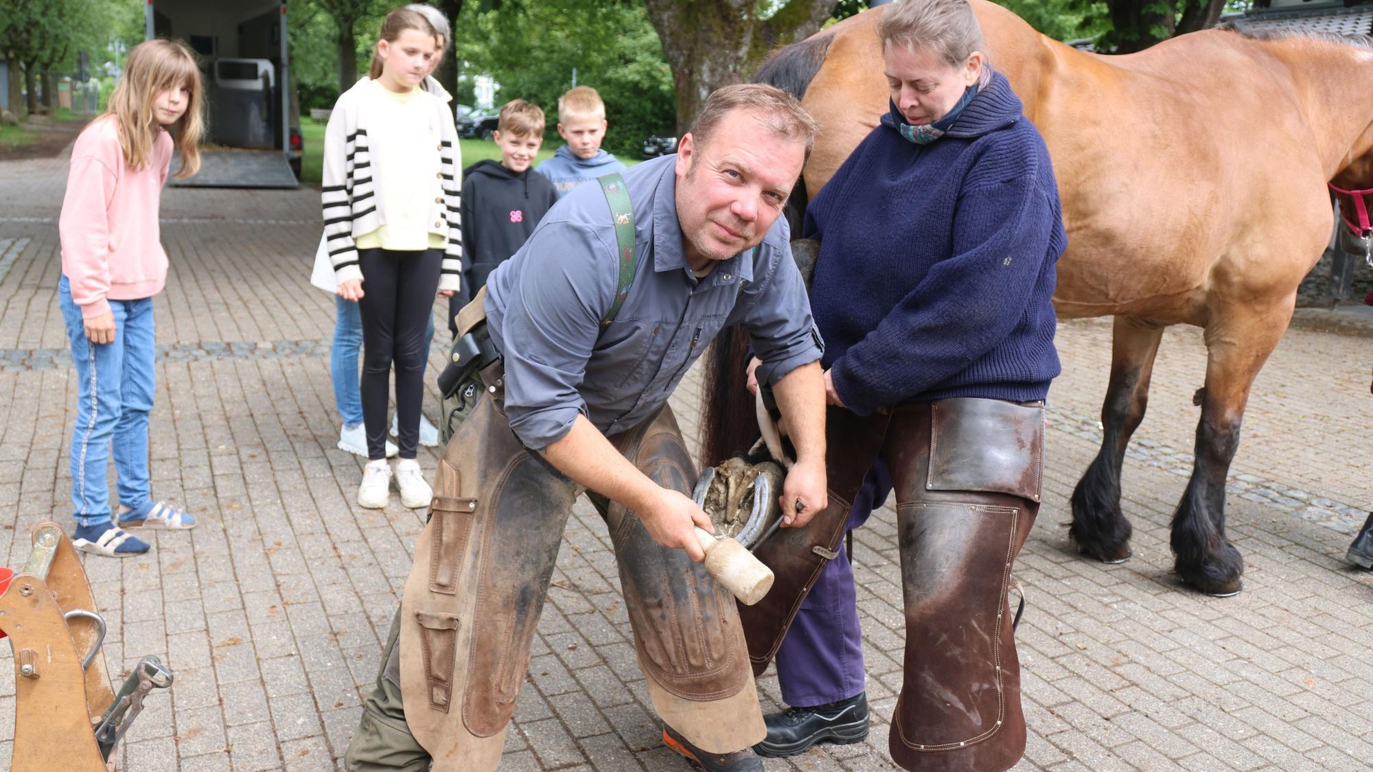 So geht’s: Roman Eßer setzt die Hufnägel, während Maja Laschinski den Hinterlauf hält. Und die Kinder von der Grundschule in Nümbrecht-Marienberghausen sehen fasziniert dabei zu.